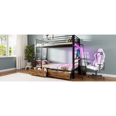 Letto a soppalco 90/200 cm nero con scrivania, LED e cassetti contenitore (1/5)