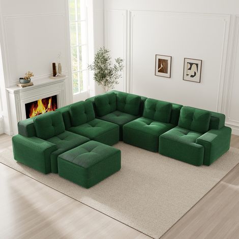 canapé modulable sans cadre - Canapé d’angle modulable - Ottomane incluse - Velours côtelé vert - Assise profonde 74 cm (1/5)