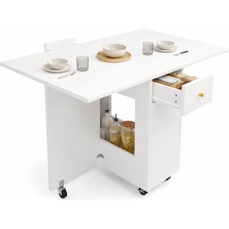 ELVMI Esstisch für 2-4 Personen mit 2 Schubladen, Offenem Fach und Bremsrollen, MDF Weiß, 120 x 75 x 75 cm (1/5)