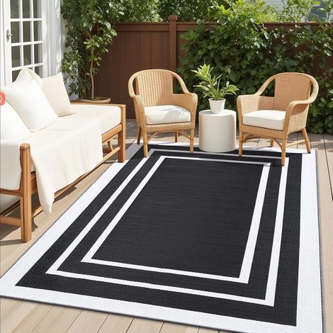 Tapis d'extérieur résistant aux intempéries, paille en plastique, résistant aux UV, réversible, pliable, lavable, pour balcon, jardin, terrasse, camping, pique-nique, 150 x 240 cm, noir et (1/5)