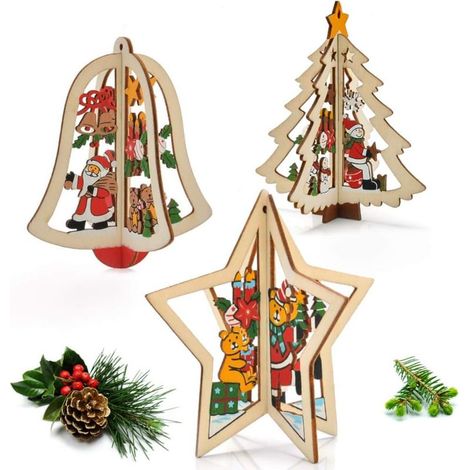 Pendentifs de Noël, lot de 3 décorations de sapin de Noël en bois (cloches, étoiles, sapin de Noël)-Fei Yu (1/5)