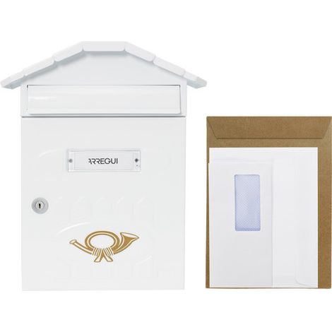 ARREGUI Villa E5001 Briefkasten aus Verzinktem Stahl, Größe M (DIN A4 Post), Wandbriefkasten für den Außenbereich, Postkasten für Draußen mit Namensschild, Einwurfklappe und Schutzdach, weiß