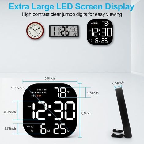 Grande horloge murale, horloge murale numérique 10,55" affichage LED, jour de la semaine, date, heure d'été, minuterie, température, 12/24h, horloge pour salon, bureau à domicile