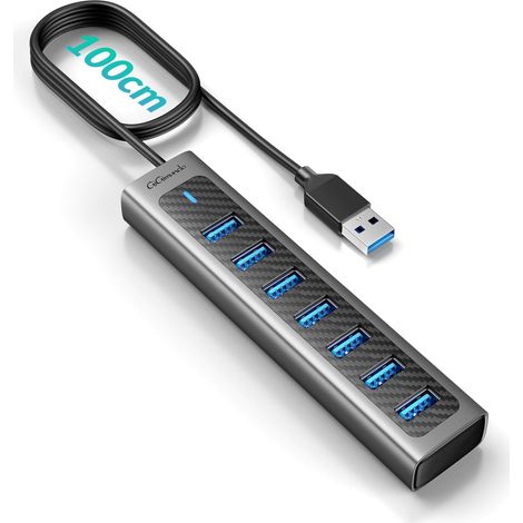 HUB USB 3.0, Aluminium 7 Port USB 3.0 Hub für Laptop, 1m Lang Kabel mit 5V/3A Type-C Port d'alimentation, Kompatibel mit MacBook, PS4, Surface Pro, Mobile HDD (1/5)