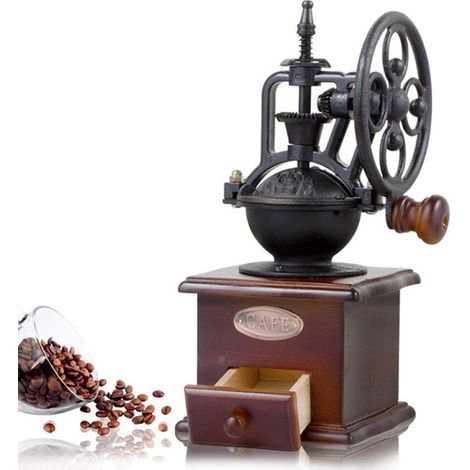 Moulin à café manuel, moulin à café rétro au charme antique, en bois et fonte, moulin à expresso pour grains de café. (1/5)