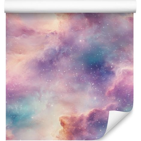 Papel pintado de galaxia en acuarela, violeta, morado, coral y azul, 50x1000 cm. (1/5)