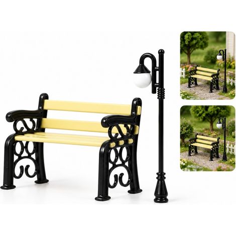 Set de 2 Lampadaire et Banc de Parc Miniatures en Alliage Noir 4.9 a 6.6 cm Decoration pour Village de Noel Miniature (1/5)