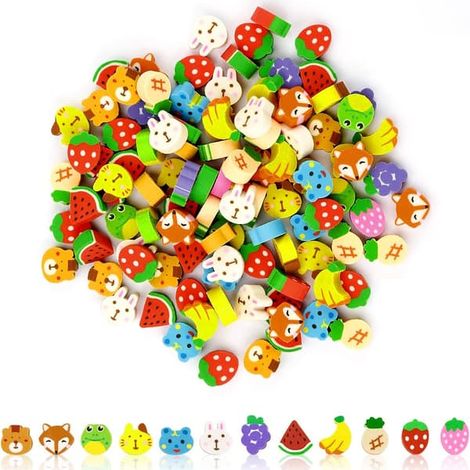 100 mini gommes, petites gommes en forme d'animaux et de fruits, fournitures scolaires pour cadeaux de fête, récompenses de classe (fruits et animaux) (1/5)