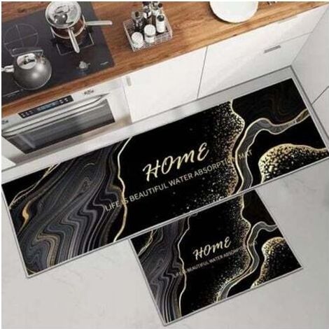 Lot de 2 Tapis de Cuisine Antidérapants et Lavables, Motif Marbre Doré pour Devant l'Évier, Idéal pour Cuisine, Buanderie et Salon (1/4)