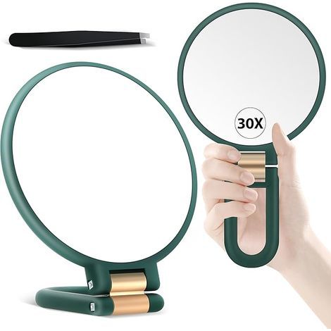 Miroir grossissant de poche, miroir de voyage double face avec grossissement 30x/1x, poignée réglable à 360° et pince de précision, miroir de maquillage portable multi-usages vert émeraude (1/5)