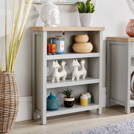 Grey Oak Low Bookcase Display Unit 3 Bookshelves DVD Storage Two Tone 36mm Top