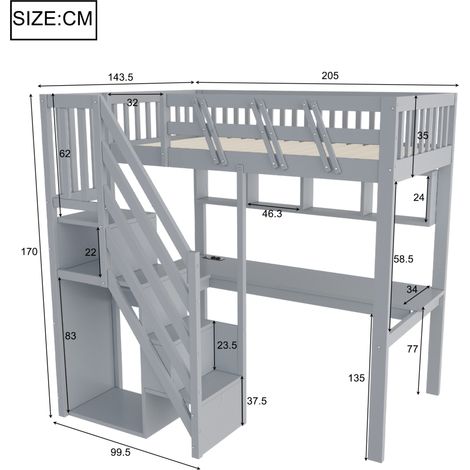 Kinder-Hochbett 90x200 cm Holz grau mit Schreibtisch ohne Matratze – MEUBLIV (1/5)