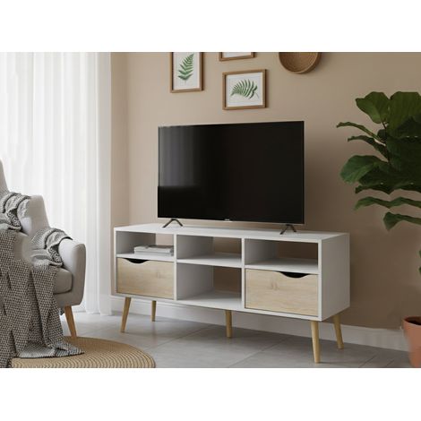 Dmora - Mobile porta TV Aliani, Credenza da soggiorno, Armadio basso per TV, Base parete attrezzata, 117x39 h57 cm, Bianco e Quercia (1/5)