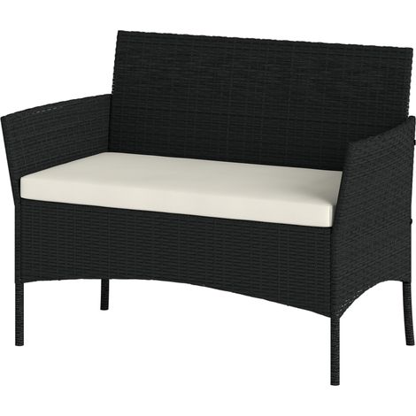 Canapé de jardin 2 places avec coussins et accoudoirs en rotin PE et acier, 107 x 55 x 80 cm, noir (1/5)