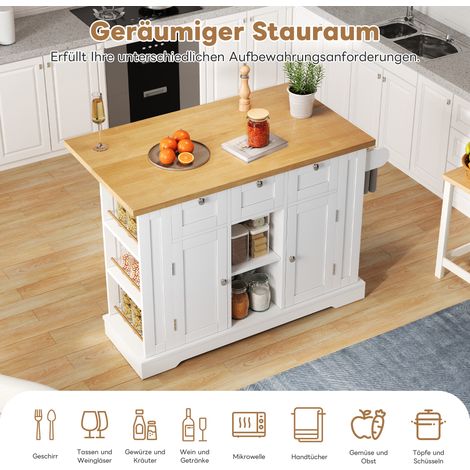Table de cuisine mobile 132cm, style champêtre, plan de travail pliable, meuble multifonction avec tiroir, étagère à épices, porte-serviettes, 4 roulettes, prise intégrée, pour cuisine/salle à manger/ (1/5)