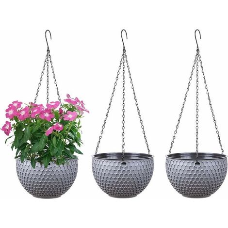 Lot de 3 pots de fleurs suspendus auto-arrosage avec réservoir d'eau et trou de vidange en nid d'abeilles - Avec chaînes inoxydables pour l'intérieur et l'extérieur, plafonds, balcons (1/5)