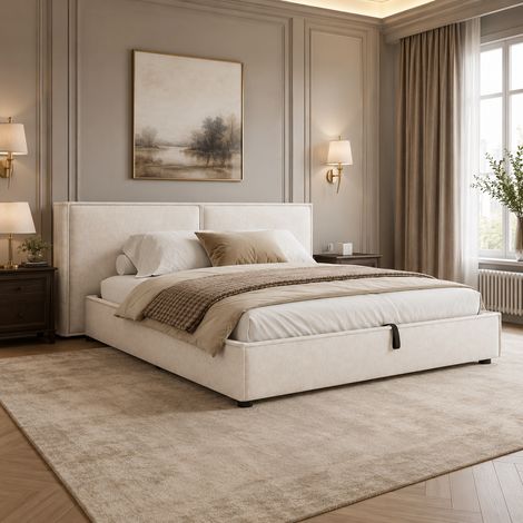 Lit capitonné, lit double, 160 x 200 cm, sommier à lattes, tête de lit capitonnée en chenille beige (1/5)
