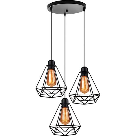 3-Light Industrial Pendant Ceiling Light Black Metal Cage Chandelier Inner Hanging Lamp Round Base