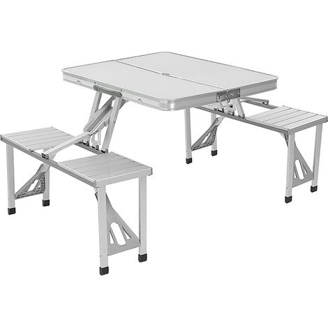 Table pliante de camping aluminium avec 4 tabourets, argent brossé, pour extérieur plage pique-nique (1/5)