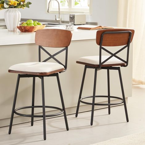 Lot de 2 tabourets de bar pivotants, de hauteur de comptoir, rembourrés avec dossier pour îlot de cuisine, hauteur d'assise de 66 cm, cadre en bois massif et métal, tissu crème (1/5)