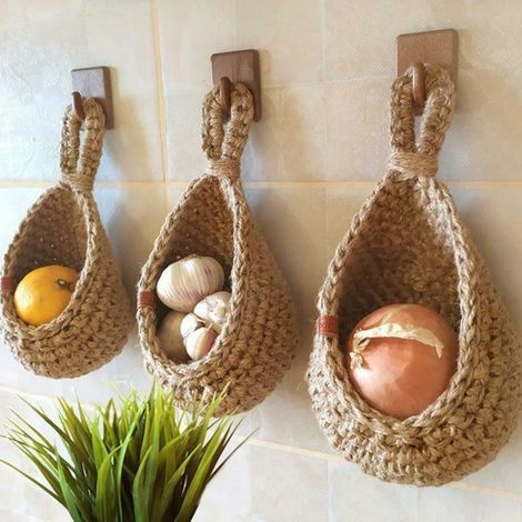 1 Panier Suspendu, Corde De Jute Et Coton, Étagère Respirante, Pour Oignons Ail Pommes De Terre, Cuisine Jardin Intérieur (1/5)