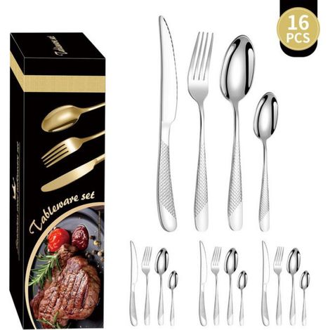 Coffret cadeau de 16 couverts en acier inoxydable (couteau, fourchette, cuillère), idéal pour les repas occidentaux - argent (1/2)
