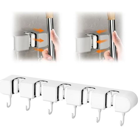 Bardusch-Accroche balai – 5 supports + 6 crochets – sans perçage – sdb/cuisine/jardin – blanc (1/5)