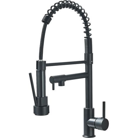 360° drehbarer Küchenspülen-Wasserhahn mit zwei Ausläufen, hoher Bogen mit herausziehbarer Brause, Kalt- und Warmmischbatterie mit Standardarmaturen, Schwarz (1/5)