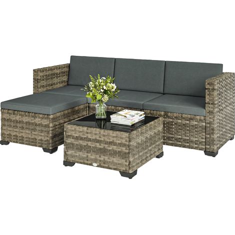 Ensemble de jardin extérieur en rotin 5 pièces avec coussins, 2 fauteuils d'angle, 1 chaise sans accoudoirs, repose-pieds et table (1/5)