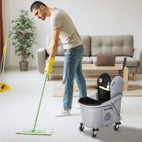 Secchio per mocio da 36 litri con ruote, carrello per la pulizia con strizzatore a pressione e 2 secchi separati, 54x41x91,5 cm, grigio.
