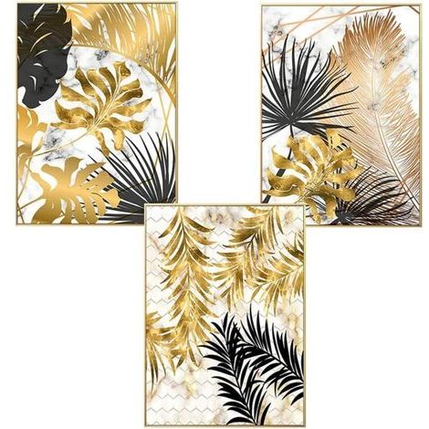 [NEVER USED] Set of 3 designer wall posters with forest, gold leaf, and palm motifs, unframed, wall decoration for the living room, styleD