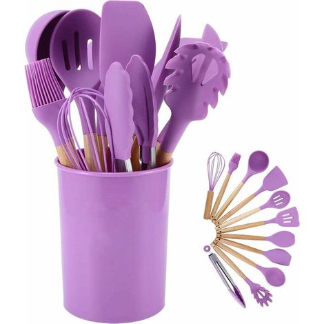 royaluxe - Ustensiles de Cuisine en Silicone Ensemble d'ustensiles de Cuisine poignées en Bois résistant à la Chaleur Gadgets de Cuisine Gris Outils pour ustensiles de Cuisine antiadhésifs (Violet-12p (1/5)