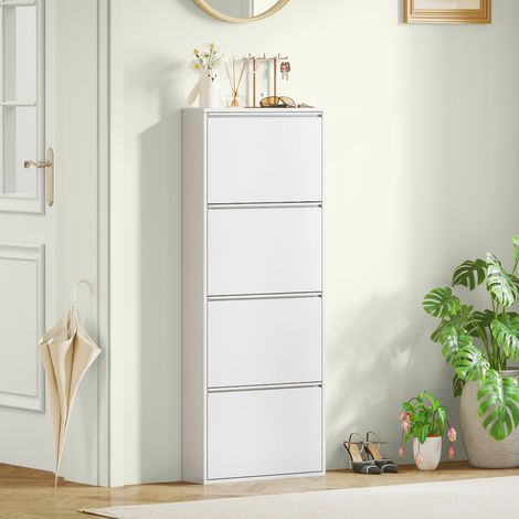 Zapatero metálico estrecho con capacidad para hasta 8 pares de zapatos, 4 cajones basculantes, ideal para pasillo o recibidor, color blanco. (1/5)