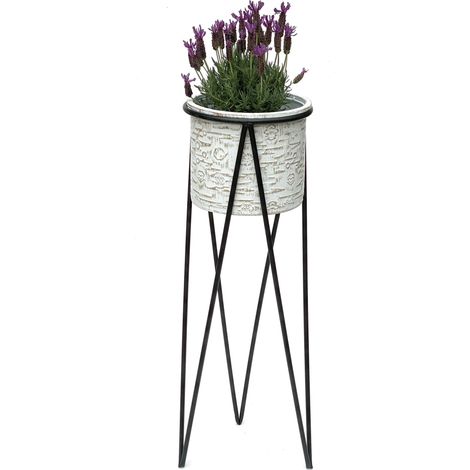 DanDiBo Blumenhocker mit Topf Metall Schwarz Weiß L 75 cm Blumenständer 96043 Blumensäule Modern Pflanzenständer Pflanzenhocker (1/5)