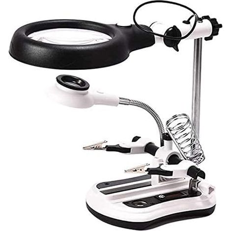 Loupe de table monoculaire 2,5x, 6x, 5x, 10x avec lampe et 18 LED, support à pince crocodile - Idéale pour les loisirs créatifs, la bijouterie, la soudure et la réparation. (1/5)
