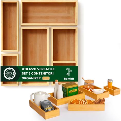 Lot de 5 organiseurs multifonctions en bambou - Différentes tailles - Diviseurs pour tiroirs cuisine, salle de bain ou bureau - Pratique et facile à nettoyer - Gain de place modulaire (1/5)