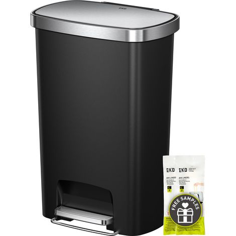 Grande poubelle de cuisine en plastique avec couvercle en acier inoxydable, fermeture amortie et reste ouvert, compartiment désodorisant, large pédale en acier pour la maison, 50 l (1/5)