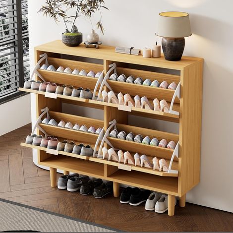 Armoire à chaussures avec 4 tiroirs pliants - Meuble à chaussures étroit en rotin - Étagère à chaussures pour couloir - 100 x 25 x 90 cm - Naturel (1/5)