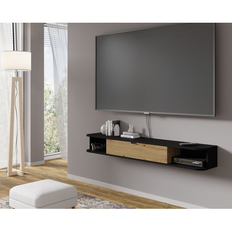 Bim Furniture – Meuble TV suspendu 156 cm noir mat et chêne – Panneau stratifié 16 mm – Trou pour passage câbles – Deux étagères ouvertes (1/8)