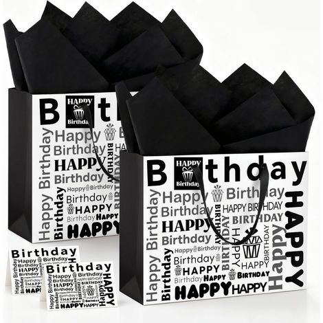 2 Pièces Pochettes Cadeaux avec Anse, 33 x 26 x 12 cm Grand Sac Cadeau, Grand Sac Cadeau Élégant Noir et Blanc, Avec Papier de Soie (1/5)