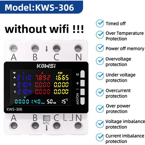 Compteur électrique Wi-Fi, moniteur de puissance CA 85-290 V 80 A, triphasé, quatre fils, rail DIN, avec protection contre les surtensions, compteur KWS-306 (1/5)