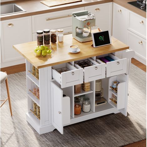 Isla de cocina 132 x 40(70) x 87 cm con encimera abatible, 4 ruedas, enchufe y USB HAVRYA (1/5)