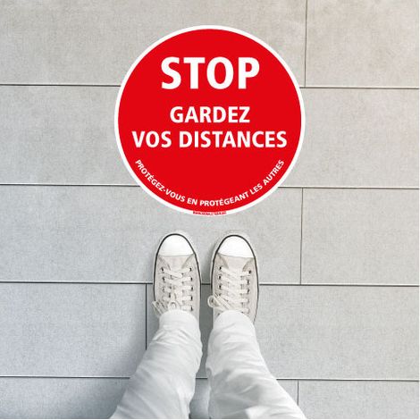AUTOCOLLANT SOL ADHESIF COVID19 - STOP GARDEZ VOS DISTANCES (O0039) - Diamètre 450 mm (1/2)