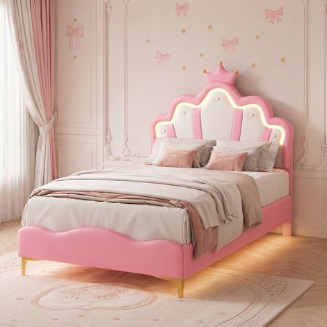 Lit enfant 90x200 cm, lit princesse avec LED et tête de lit couronne pour fille, rembourré en simili cuir PU avec sommier à lattes, Rose (1/5)