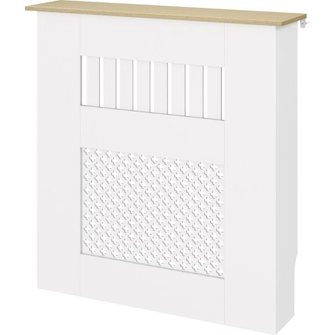 Cache-radiateur en lattes de bois avec motif croisé et étagère, 78 x 19 x 81 cm, blanc