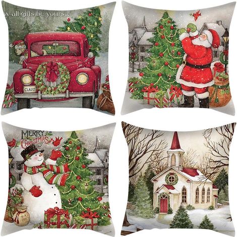 Housse de coussin de Noël 18x18 Lot de 4 Taies décoratives Rouges Père Noël Bonhomme de neige Sapin Oiseau Réversible Coussin Carré Hivernal Tissu Double Face Maison Déco de Fêtes Cadeau (1/5)