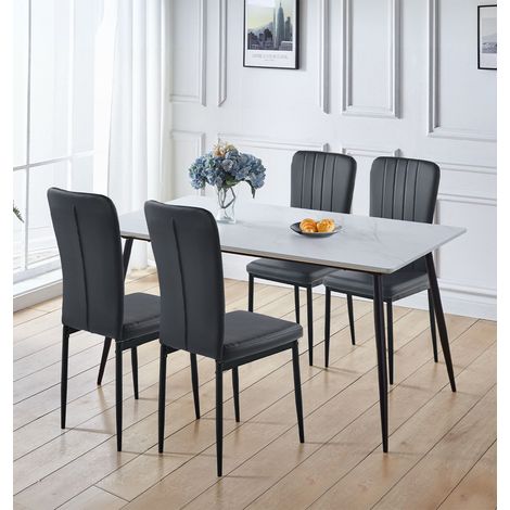 Hallowood Furniture Cullompton Large Dining Table and Chairs Set 4, White Marble Effect Kitchen Table and Chairs Upholstered in High Back Black Faux Leather, Dining Set for Home, Office, Café (1/5)