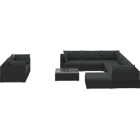 Set Divani da Giardino 10 pz con Cuscini in Polyrattan Nero vidaXL (1/5)
