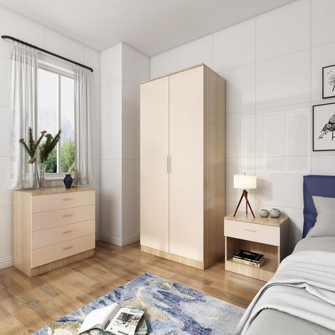 ELEGANT 3 Piece Bedroom Furniture Sets, 2 Door Soft Hinge Wardrobe, 4 Drawer Chest of Drawers, Beside Cabinet, Cream/Oak Furniture Sets (1/5)