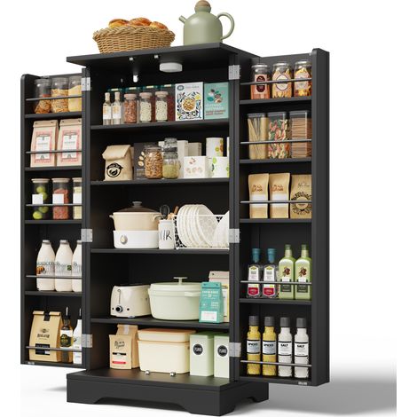 Armoire haute de rangement 120 x 60 x 40 cm avec LED capteur, étagère réglable, portes rainurées noir pour cuisine, salle à manger ou salon - CHICFURN (1/5)